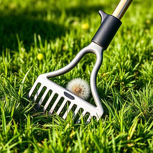 Close-up of the Evergreen Innovations Standing Weeder's ergonomic handle and durable steel tines effectively removing a dandelion from a well-maintained lawn.